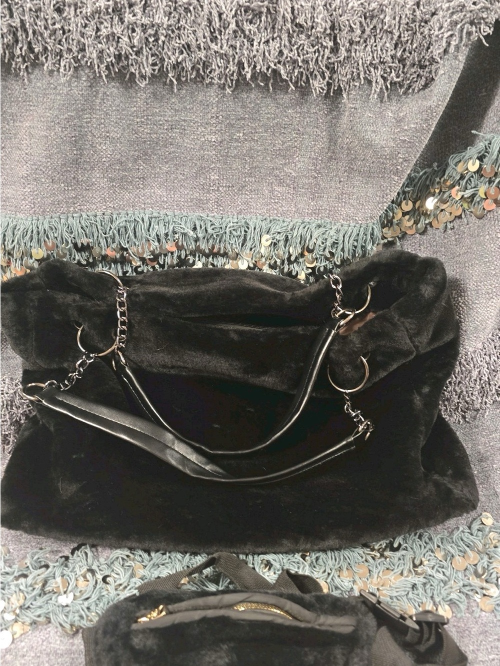 Plush Black Faux Fur Shoulder Bag with Chain-Link Straps + matching belt bag